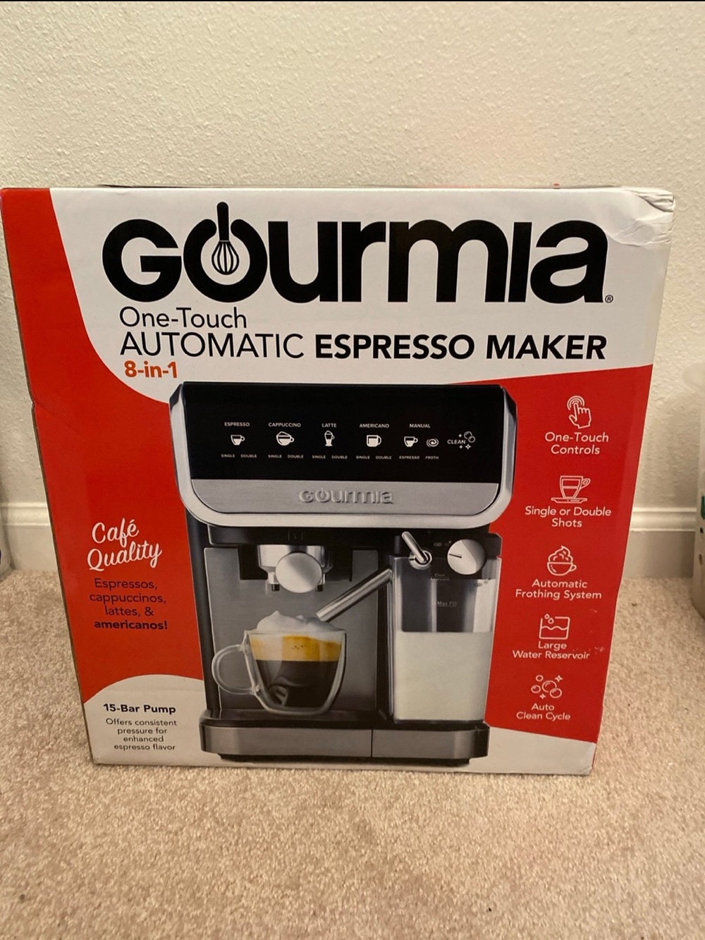 Gourmia One-Touch Automatic Espresso Maker in Red & White